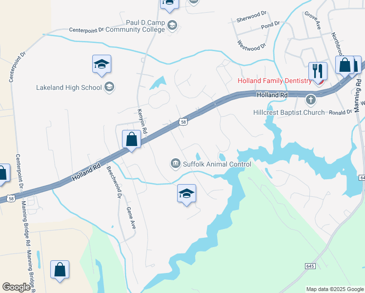 map of restaurants, bars, coffee shops, grocery stores, and more near 1000 Sawtooth Drive in Suffolk