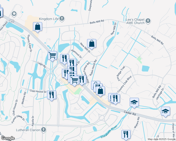 map of restaurants, bars, coffee shops, grocery stores, and more near 325 Sherwood Forest Road in Chesapeake