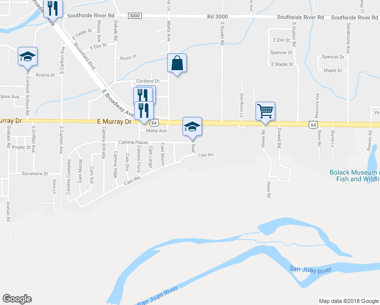 map of restaurants, bars, coffee shops, grocery stores, and more near 2302 Camino Rio in Farmington