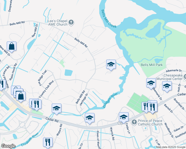 map of restaurants, bars, coffee shops, grocery stores, and more near 877 Bells Mill Road in Chesapeake