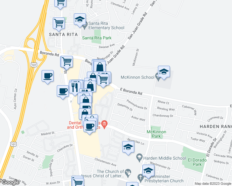 map of restaurants, bars, coffee shops, grocery stores, and more near 1909 Harvard Court in Salinas