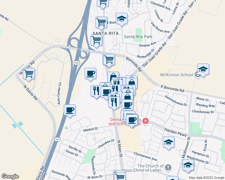 map of restaurants, bars, coffee shops, grocery stores, and more near 1850 North Main Street in Salinas
