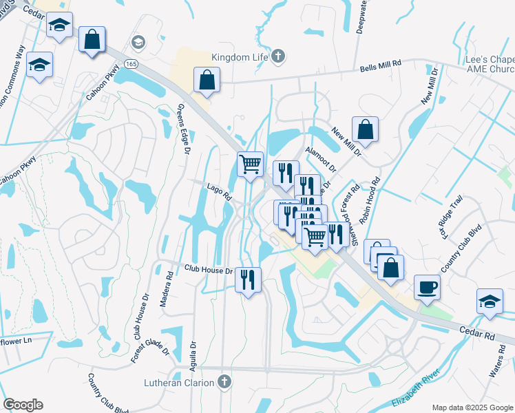 map of restaurants, bars, coffee shops, grocery stores, and more near 317 Brisa Drive in Chesapeake