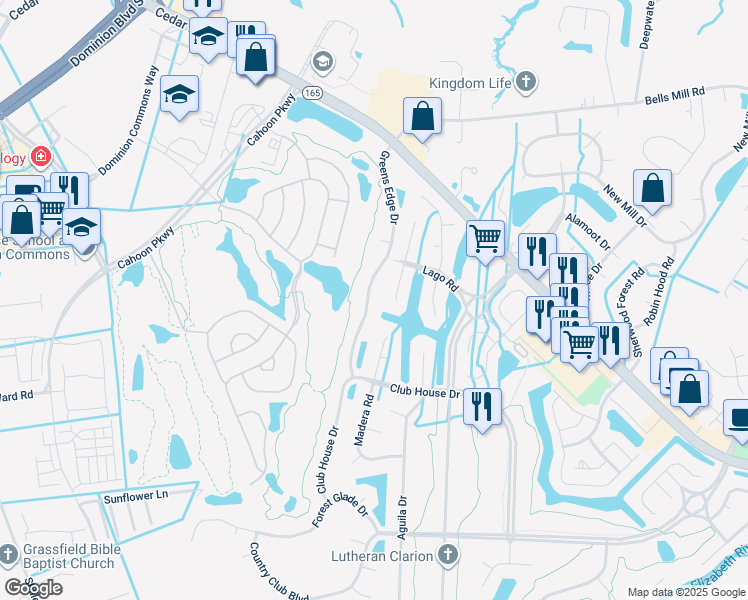 map of restaurants, bars, coffee shops, grocery stores, and more near 335 Greens Edge Drive in Chesapeake