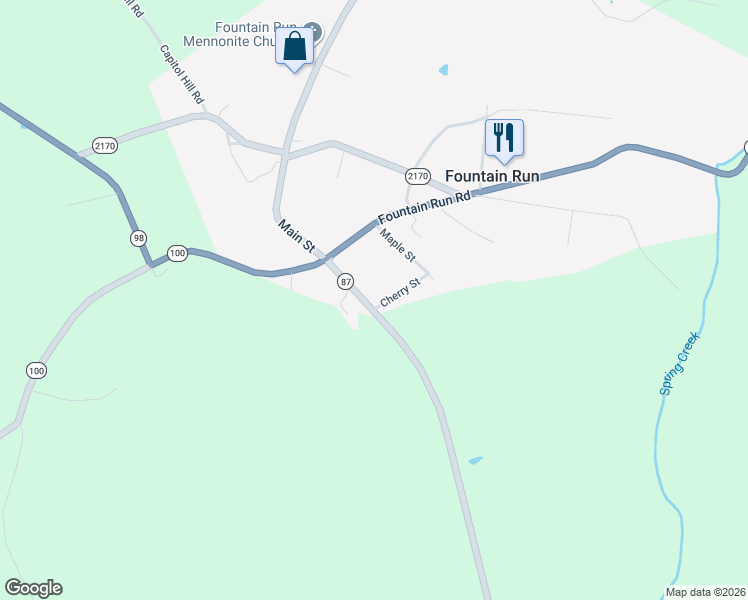 map of restaurants, bars, coffee shops, grocery stores, and more near 200-204 Akersville Road in Fountain Run