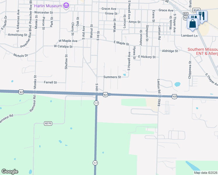 map of restaurants, bars, coffee shops, grocery stores, and more near 900-998 South Curry Street in West Plains