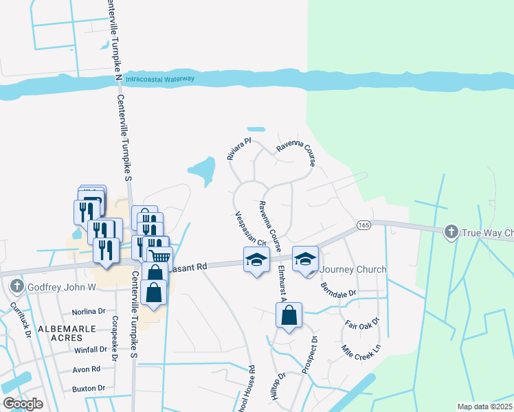 map of restaurants, bars, coffee shops, grocery stores, and more near 1509 Romulus Place in Chesapeake