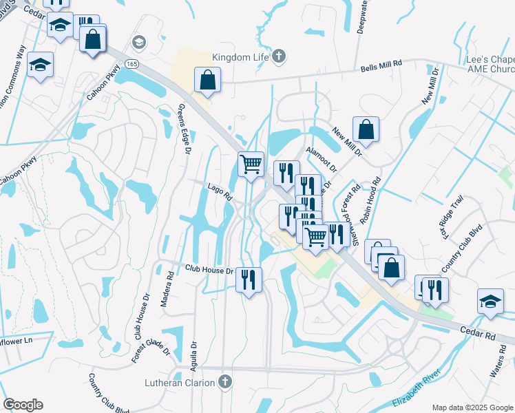 map of restaurants, bars, coffee shops, grocery stores, and more near 317 Brisa Drive in Chesapeake
