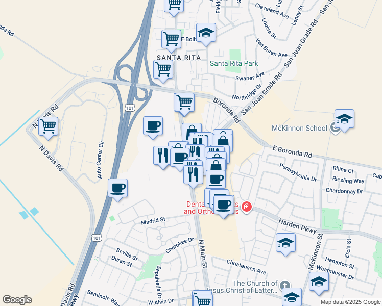 map of restaurants, bars, coffee shops, grocery stores, and more near 1850 North Main Street in Salinas