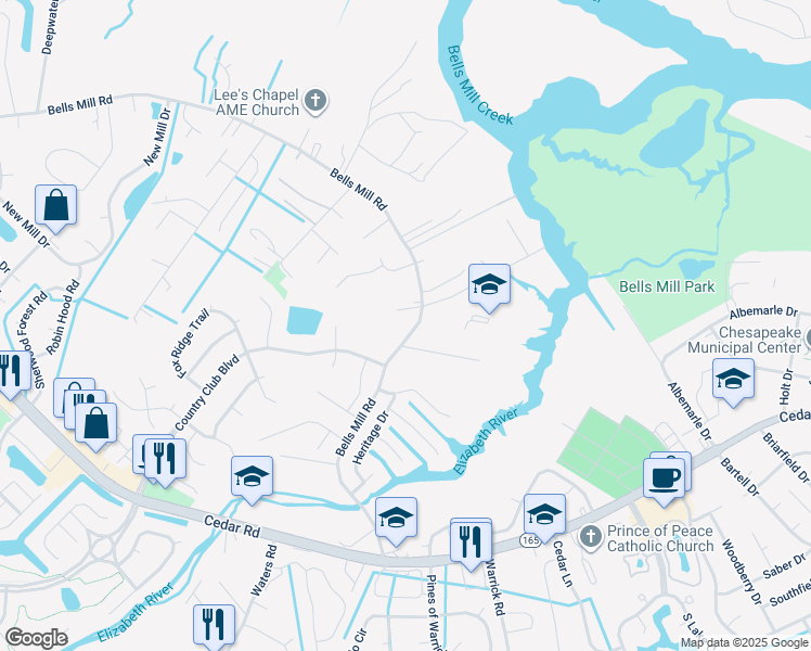 map of restaurants, bars, coffee shops, grocery stores, and more near 877 Bells Mill Road in Chesapeake