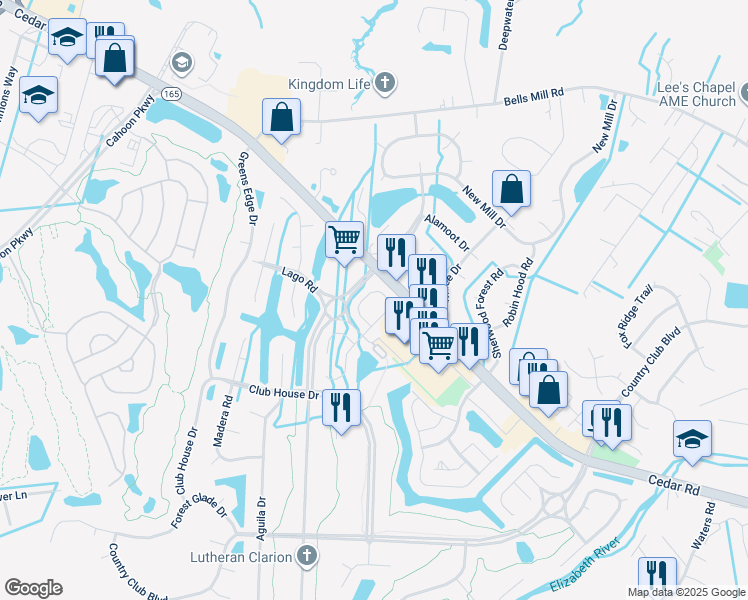 map of restaurants, bars, coffee shops, grocery stores, and more near 400 Brisa Drive in Chesapeake