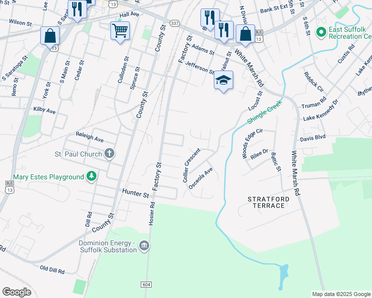 map of restaurants, bars, coffee shops, grocery stores, and more near 205 Oak Manor Court in Suffolk