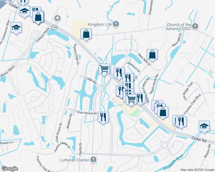map of restaurants, bars, coffee shops, grocery stores, and more near 329 Brisa Drive in Chesapeake