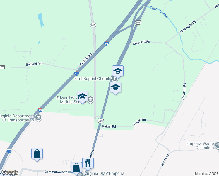 map of restaurants, bars, coffee shops, grocery stores, and more near 1101 Sussex Drive in Emporia