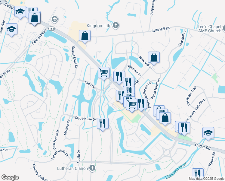 map of restaurants, bars, coffee shops, grocery stores, and more near 400 Brisa Drive in Chesapeake