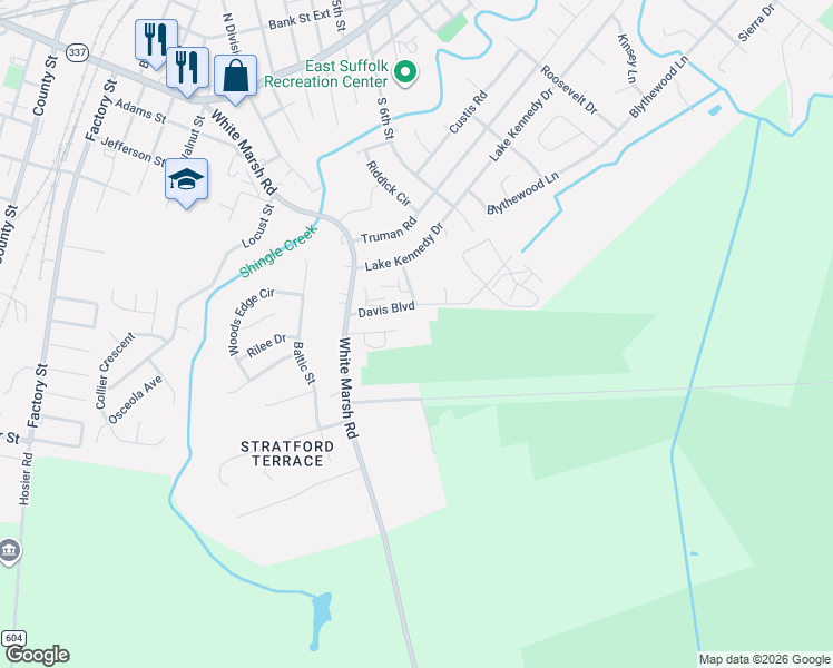 map of restaurants, bars, coffee shops, grocery stores, and more near 1013 Barbara Drive in Suffolk