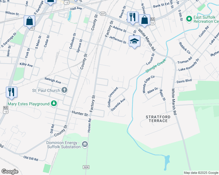 map of restaurants, bars, coffee shops, grocery stores, and more near 205 Oak Manor Court in Suffolk