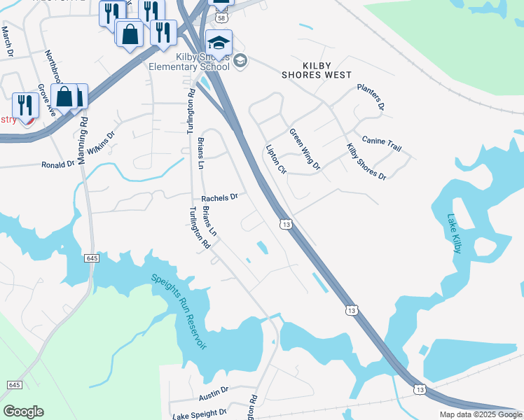 map of restaurants, bars, coffee shops, grocery stores, and more near 2115 Brian's Lane in Suffolk