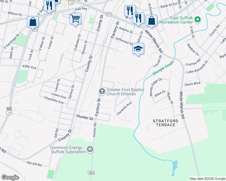map of restaurants, bars, coffee shops, grocery stores, and more near 386 Collier Crescent in Suffolk