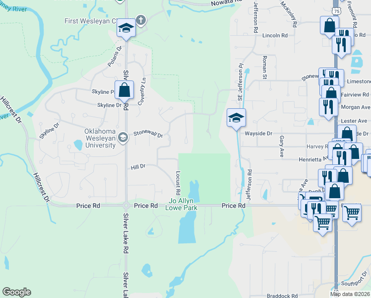 map of restaurants, bars, coffee shops, grocery stores, and more near 2241 Deerfield Place in Bartlesville