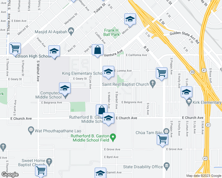 map of restaurants, bars, coffee shops, grocery stores, and more near 2307 South Weller Street in Fresno