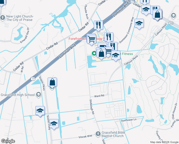 map of restaurants, bars, coffee shops, grocery stores, and more near 753 Shillelagh Road in Chesapeake