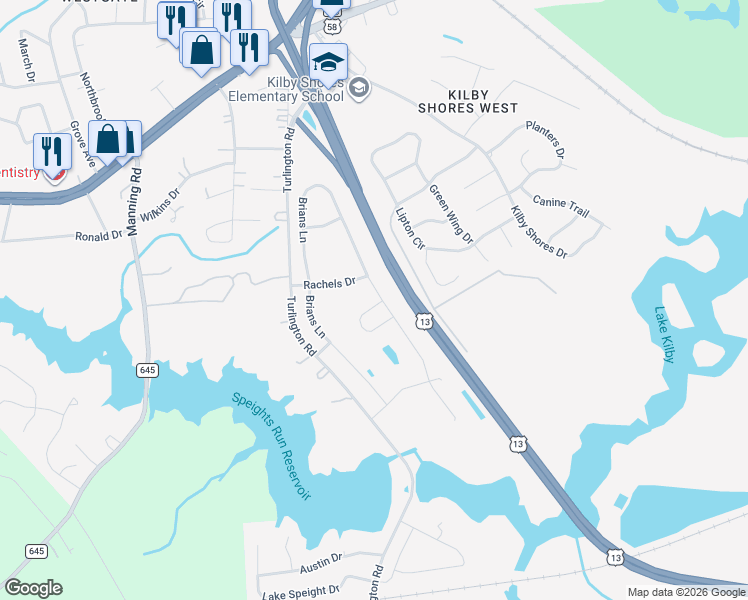 map of restaurants, bars, coffee shops, grocery stores, and more near 3000 Elmore Circle in Suffolk
