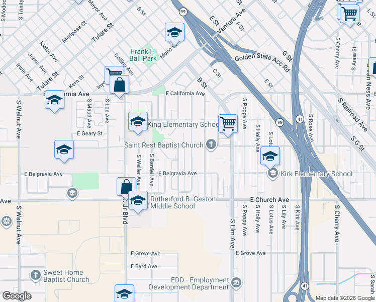 map of restaurants, bars, coffee shops, grocery stores, and more near 2322 South Eunice Avenue in Fresno