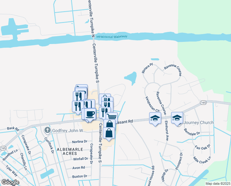map of restaurants, bars, coffee shops, grocery stores, and more near 1508 Waterway Court in Chesapeake