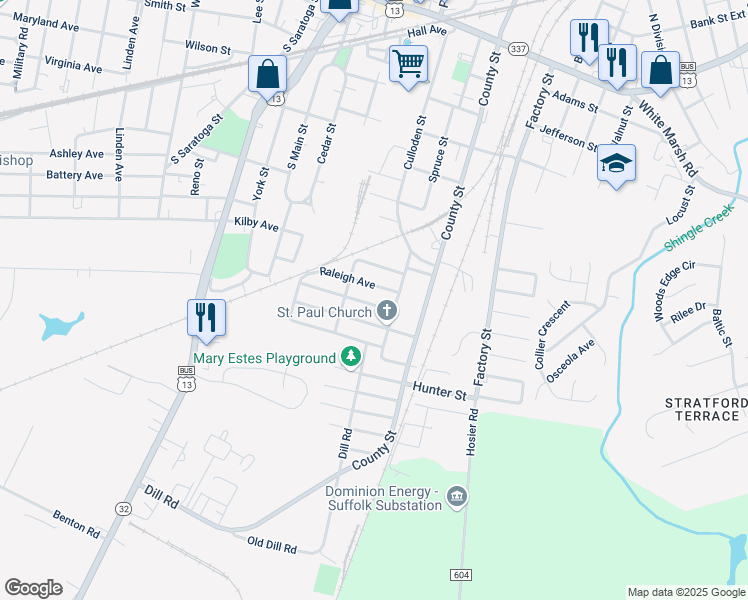 map of restaurants, bars, coffee shops, grocery stores, and more near 216 Woodrow Avenue in Suffolk