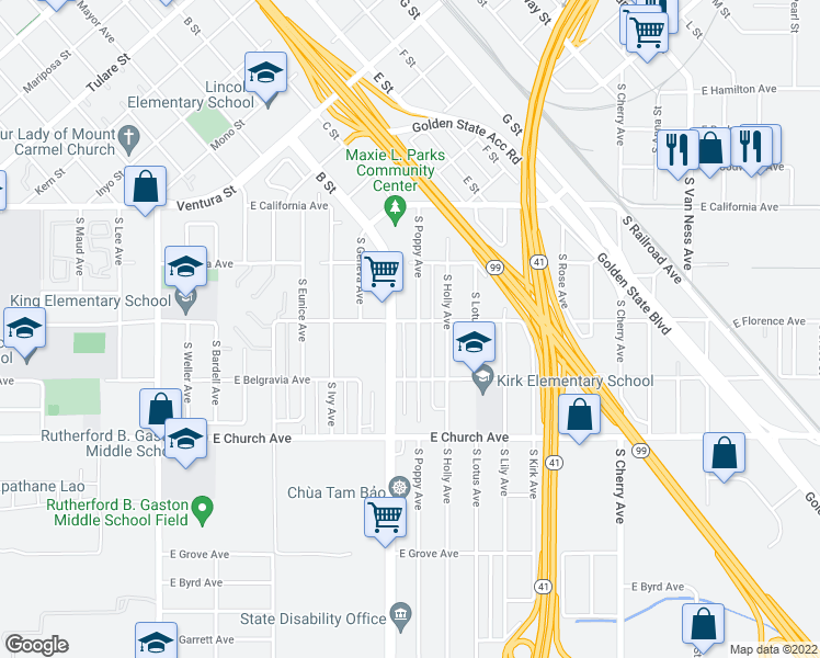 map of restaurants, bars, coffee shops, grocery stores, and more near E Rev Chester Riggins Ave in Fresno