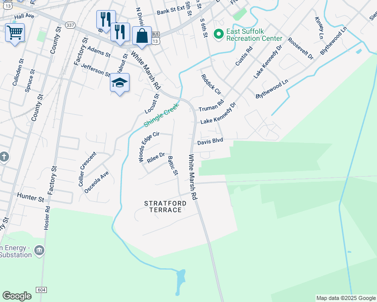 map of restaurants, bars, coffee shops, grocery stores, and more near 1245 White Marsh Road in Suffolk