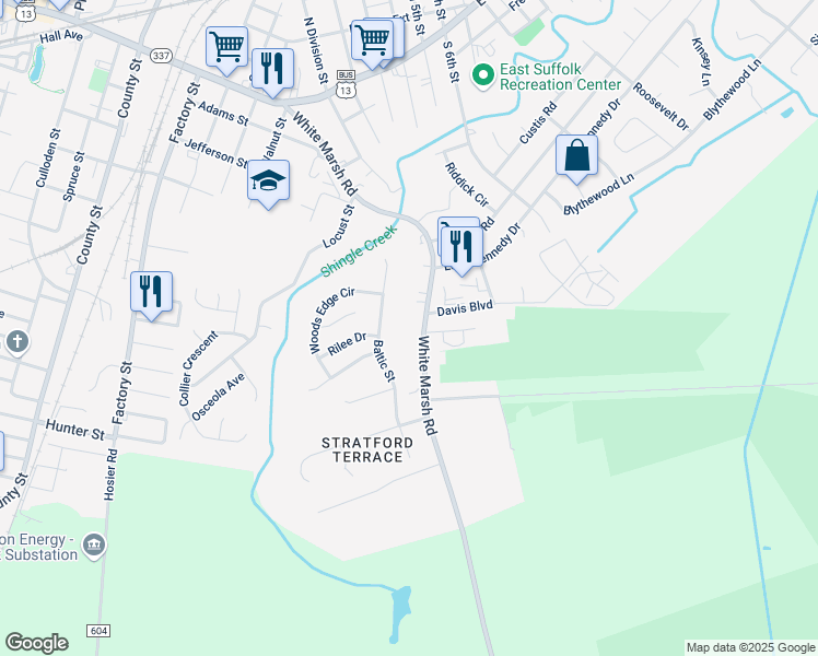 map of restaurants, bars, coffee shops, grocery stores, and more near 1245 White Marsh Road in Suffolk