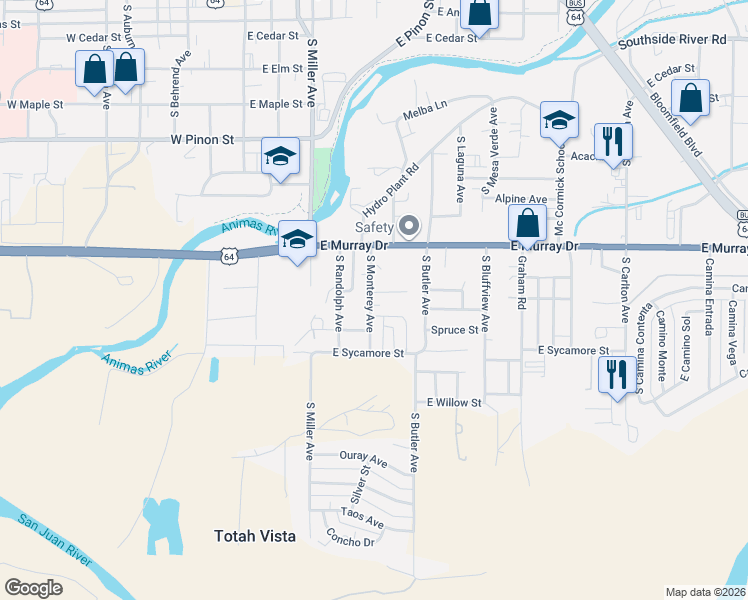 map of restaurants, bars, coffee shops, grocery stores, and more near 1212 South Monterey Avenue in Farmington
