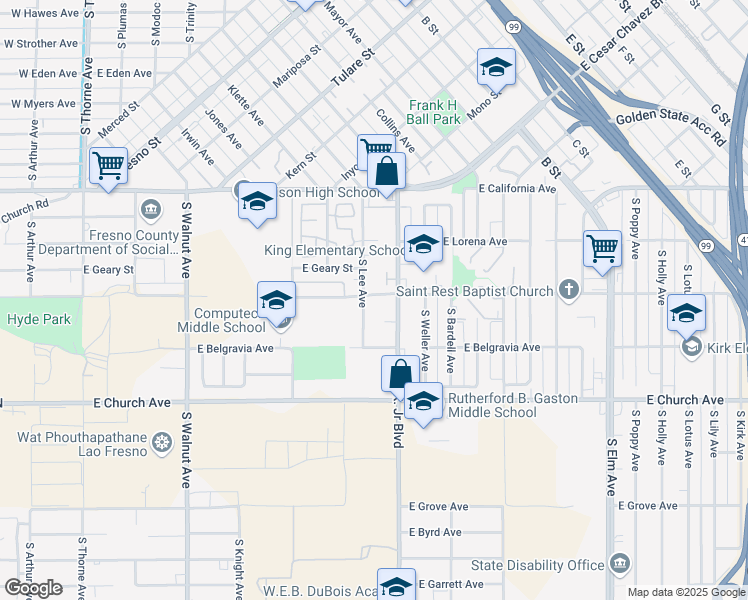 map of restaurants, bars, coffee shops, grocery stores, and more near 2318 South Martin Luther King Junior Boulevard in Fresno
