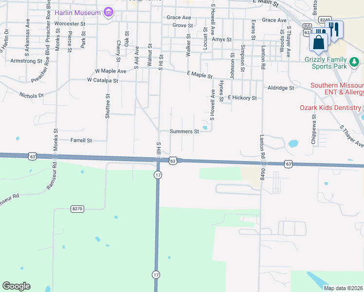 map of restaurants, bars, coffee shops, grocery stores, and more near 999 Locust Street in West Plains