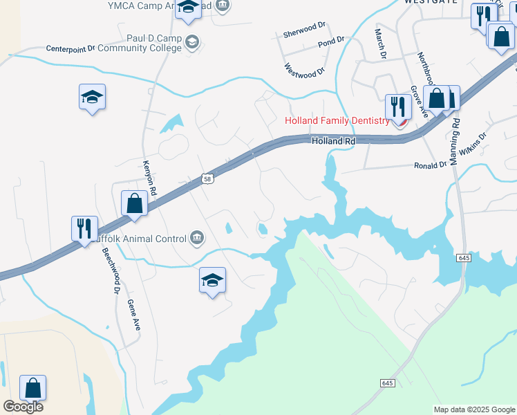 map of restaurants, bars, coffee shops, grocery stores, and more near 129 Cove Point Drive in Suffolk