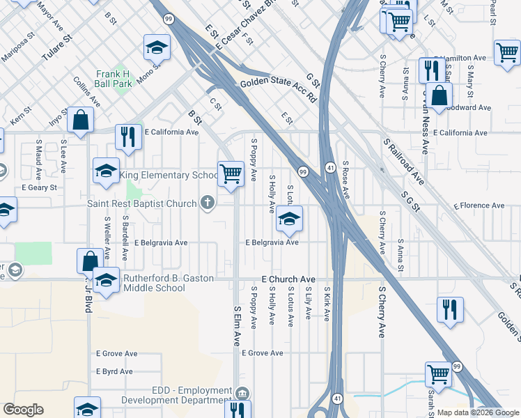 map of restaurants, bars, coffee shops, grocery stores, and more near 2322 South Poppy Avenue in Fresno