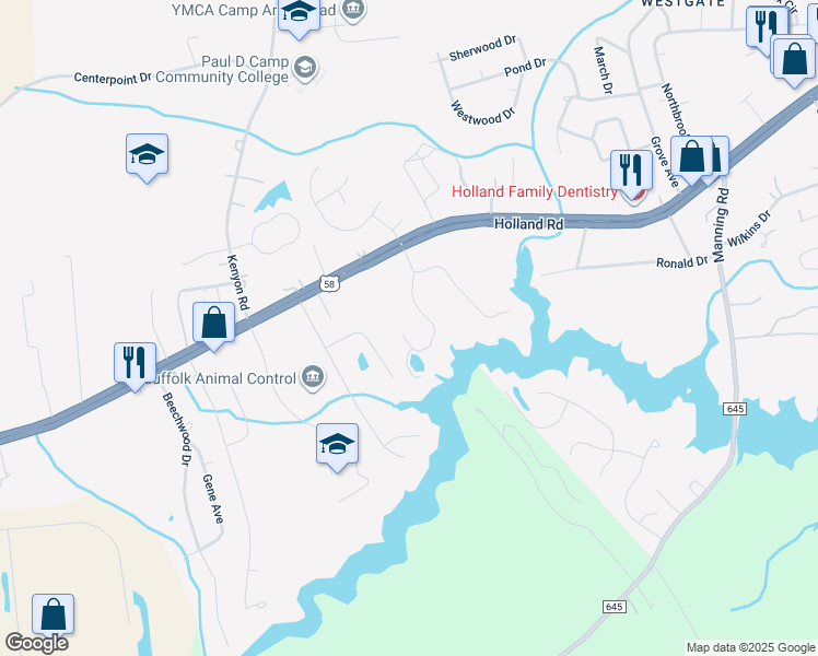 map of restaurants, bars, coffee shops, grocery stores, and more near 129 Cove Point Drive in Suffolk