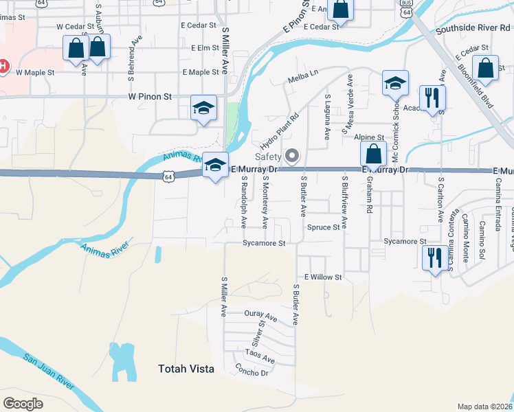 map of restaurants, bars, coffee shops, grocery stores, and more near 1216 Randolph Ave in Farmington