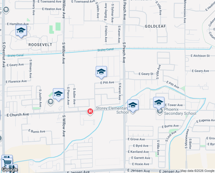map of restaurants, bars, coffee shops, grocery stores, and more near 5135 East Belgravia Avenue in Fresno