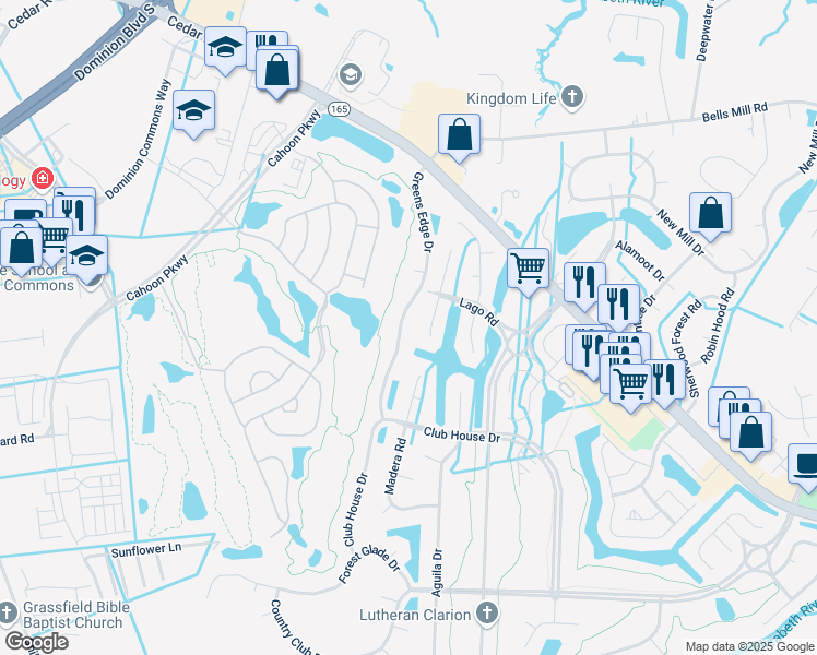 map of restaurants, bars, coffee shops, grocery stores, and more near 333 Greens Edge Drive in Chesapeake
