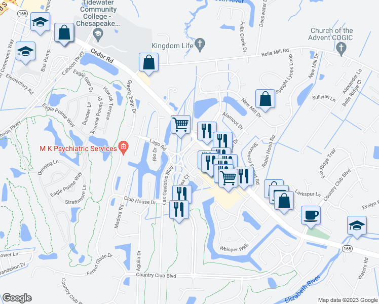 map of restaurants, bars, coffee shops, grocery stores, and more near 335 Brisa Drive in Chesapeake