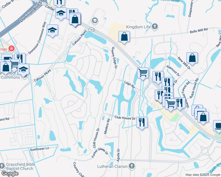 map of restaurants, bars, coffee shops, grocery stores, and more near 333 Greens Edge Drive in Chesapeake