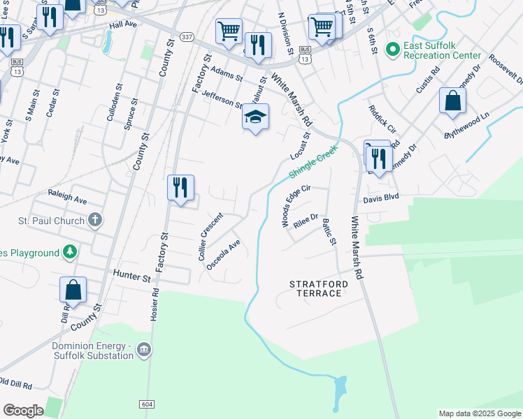 map of restaurants, bars, coffee shops, grocery stores, and more near 104 Wake Forest Court in Suffolk