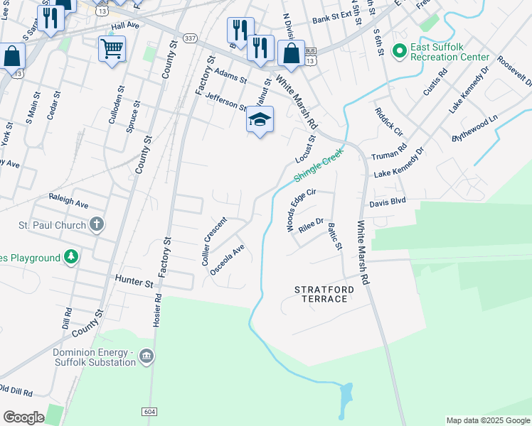map of restaurants, bars, coffee shops, grocery stores, and more near 104 Wake Forest Court in Suffolk