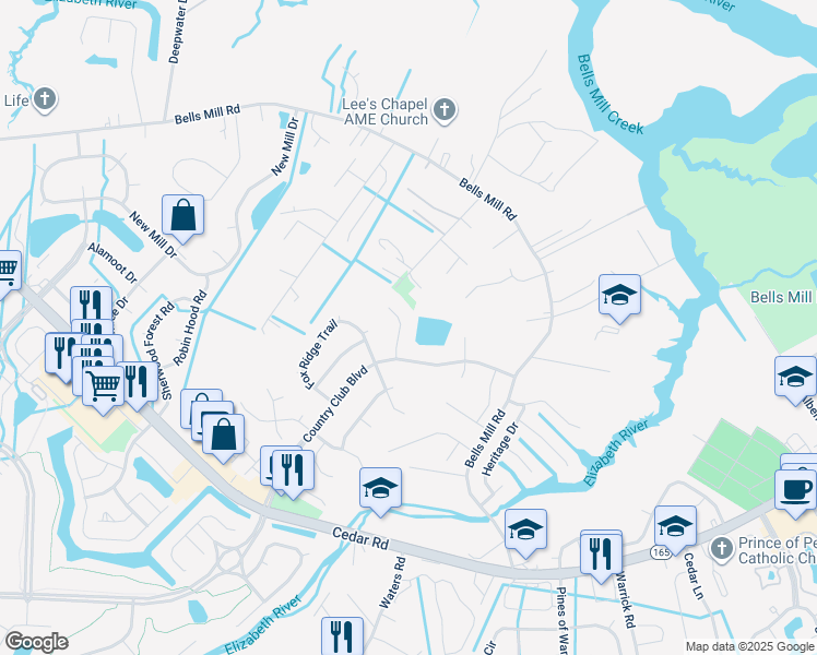map of restaurants, bars, coffee shops, grocery stores, and more near 811 Cedarwood Court in Chesapeake