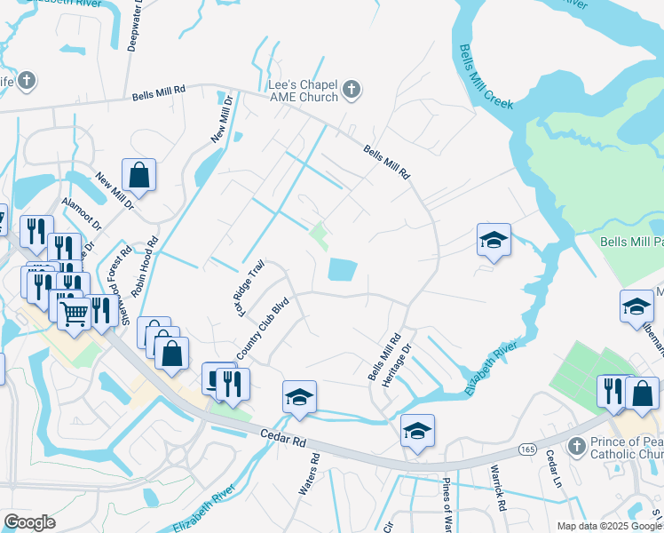 map of restaurants, bars, coffee shops, grocery stores, and more near 811 Cedarwood Court in Chesapeake