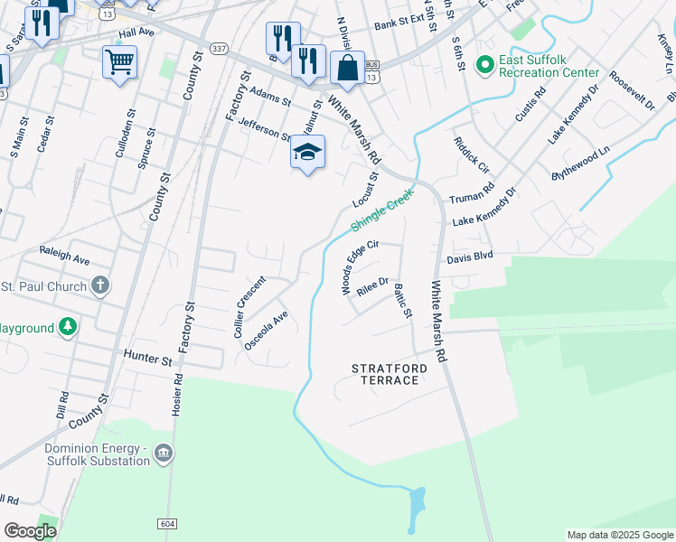 map of restaurants, bars, coffee shops, grocery stores, and more near 1230 Woods Edge Circle in Suffolk