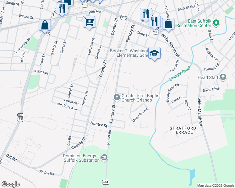 map of restaurants, bars, coffee shops, grocery stores, and more near 508 Eola Avenue in Suffolk